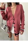 V-Neck Buttoned Loose Knit Cardigan with Double Pockets