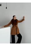 Imported Fur Wool Coat with Belted Waist Closure