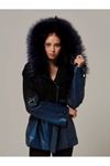 Navy Blue Leather to Black Suede Gradient Fox Fur Hood Jacket