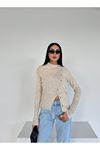 Stone Round Neck Asymmetrical Button Detail Soft Knit Sweater