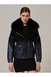 Blue Leather to Black Suede Gradient Bomber jacket with Removable Sleeve